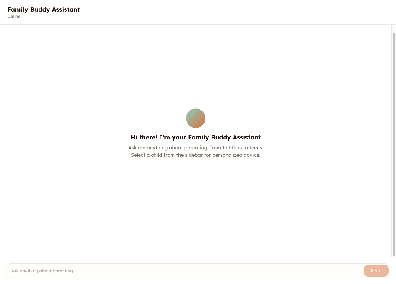 Family Buddy chat screen with practical parenting suggestions